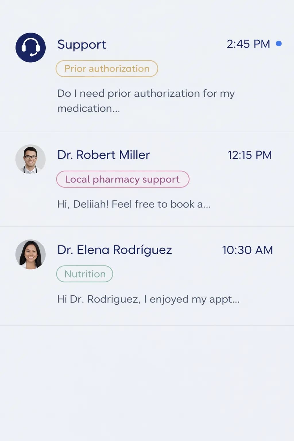 Secure support messaging screen with care team conversations and coaching